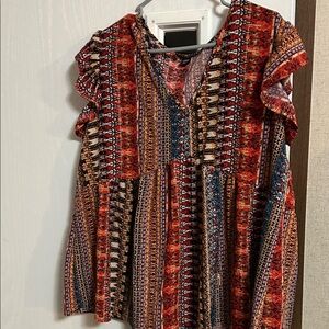 SHEIN Red and Blue Patterned Blouse